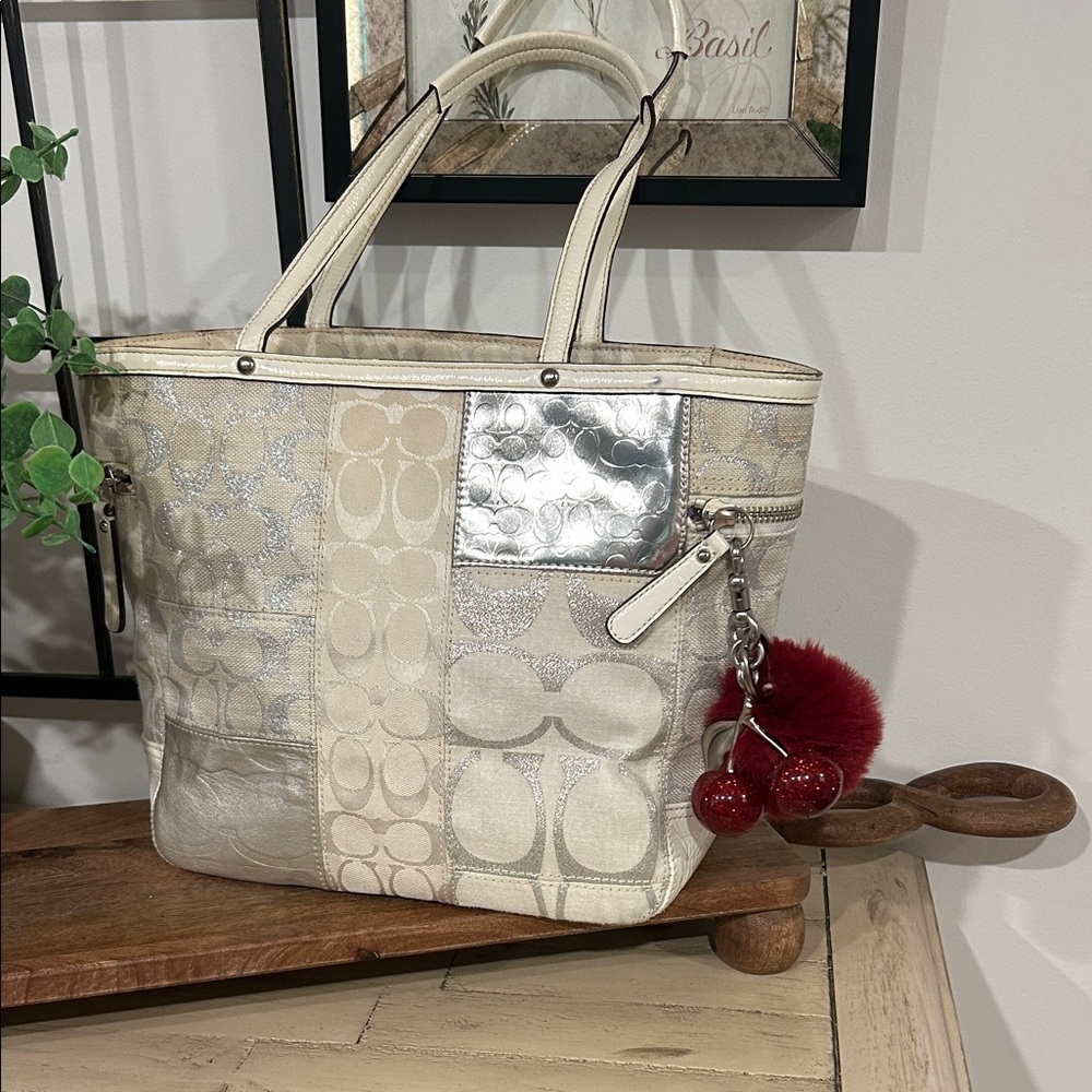 Coach Metallic Silver and Cream Patchwork Tote - Picture 2 of 7